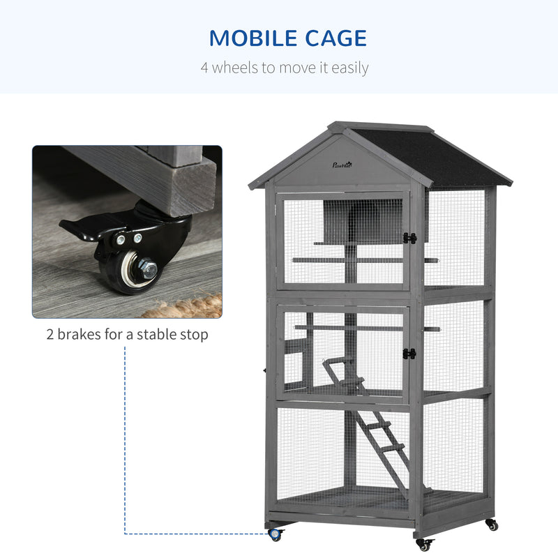 Bird Cage Mobile Wooden Aviary House for Canary Cockatiel Parrot with Wheel Perch Nest Ladder Slide-out Tray 86 x 78 x 180cm Dark Grey