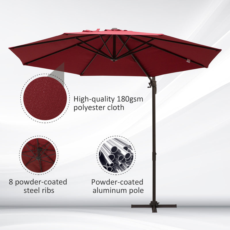 3m Cantilever Aluminium Frame 360 Rotation Hanging Parasol w/ Cross Base Wine Red