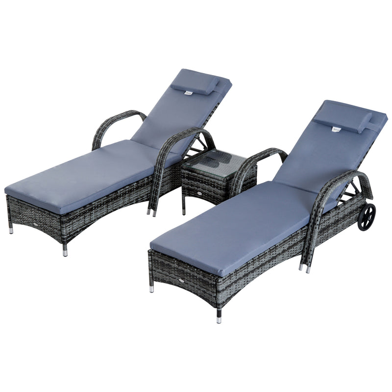 3 Pieces Rattan Sun Loungers, Garden Wicker Wheeling Recliner , PE Rattan Lounge Chairs w/ Cushions & Side Coffee Table Grey