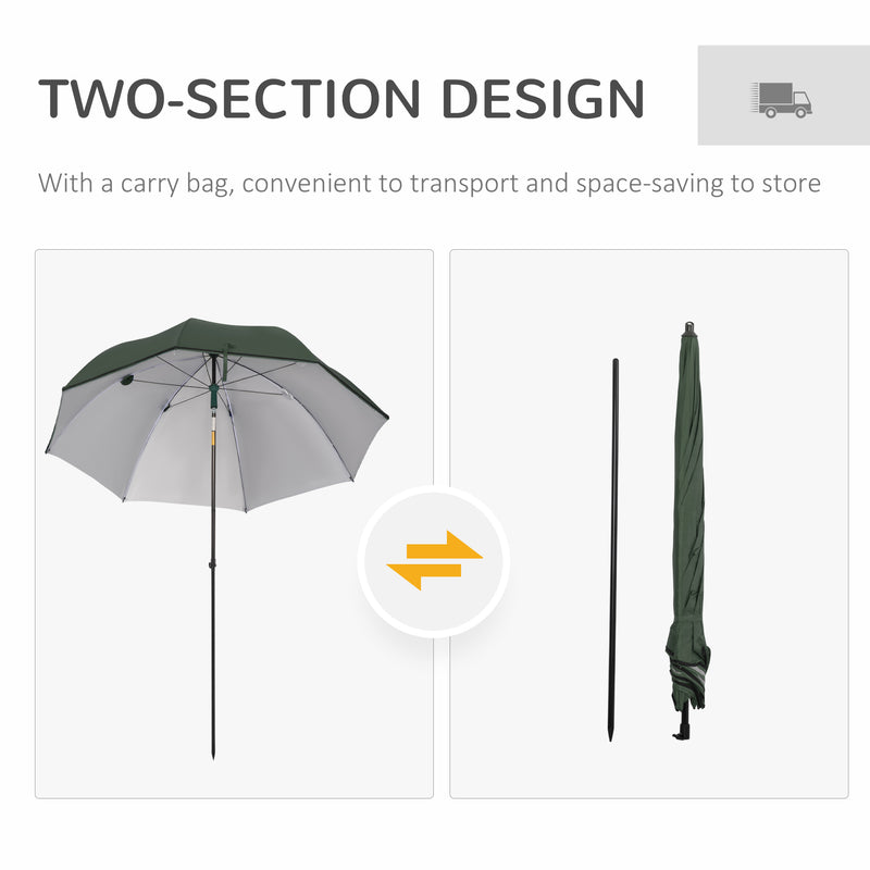2m Beach Parasol Fishing Umbrella Brolly with Sides and Push Botton Tilt Sun Shade Shelter with Carry Bag, UV30+, Green