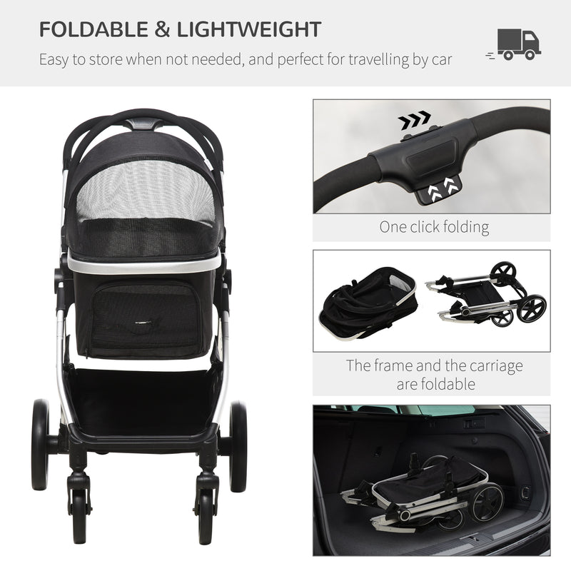 3 in 1 Foldable Dog Pushchair, Detachable Travel Stroller w/ EVA Wheels, Adjustable Canopy, Safety Leash, Cushion, for Small Pets - Black