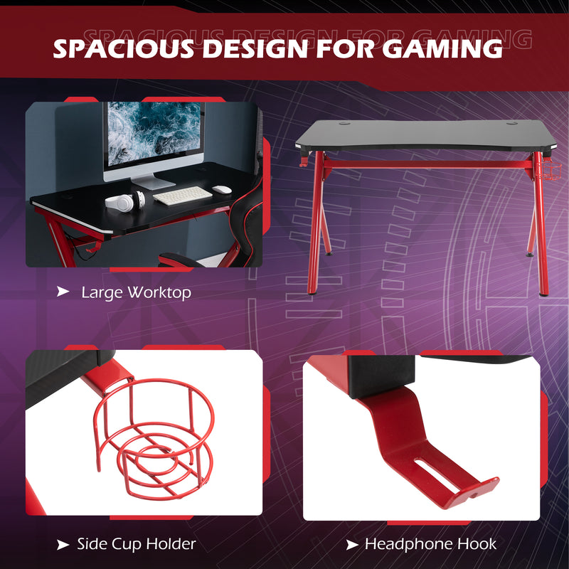 Gaming Desk Computer Table Metal Frame with LED Light, Cup Holder, Headphone Hook, Cable Hole, Red