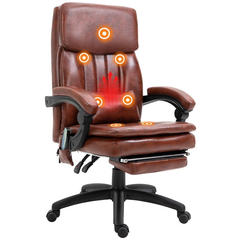 High Back Office Chair, Gaming Recliner Chair with Footrest, 7 Massage Points, Adjustable Height, Reclining Back, PU Leather, Brown