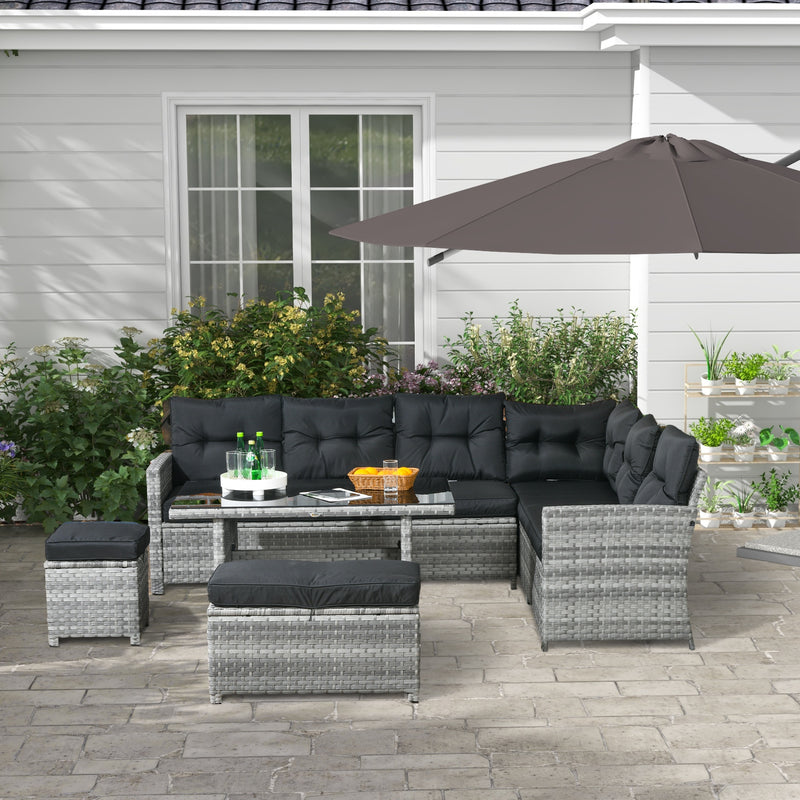5-Piece Rattan Patio Furniture Set with Corner Sofa, Footstools, Glass Coffee Table, Cushions, Mixed Grey