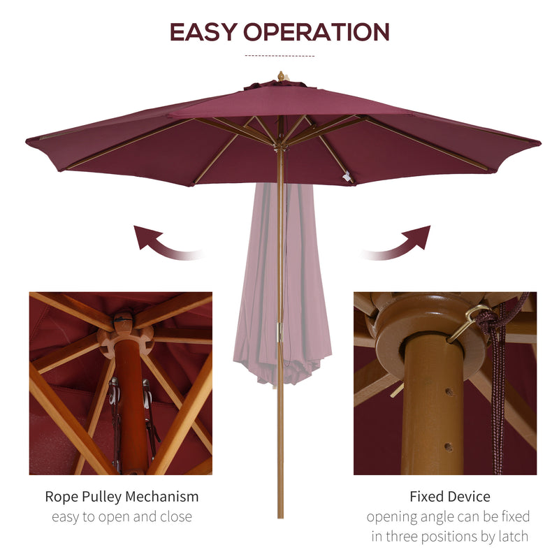 ⌀3m Bamboo Wooden Market Patio Umbrella Garden Parasol Outdoor Sunshade Canopy, 8-ribs,Wine Red