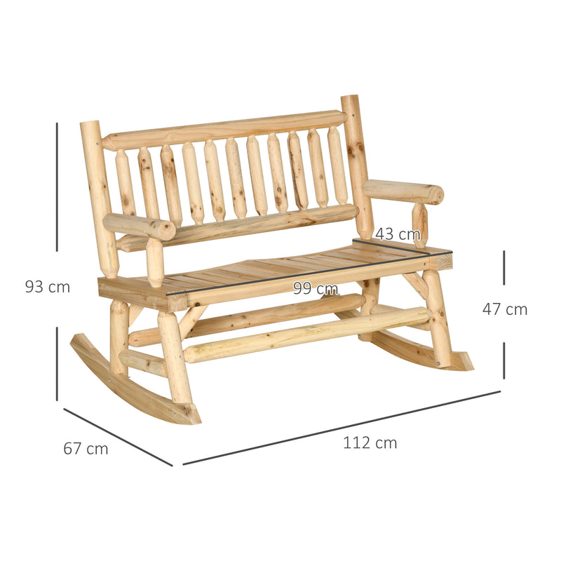 Garden 2-Seater Rocking Bench Wood Frame Rough-Cut Log Loveseat Slatted High Back Rustic Style w/ Armrests Garden Outdoor Furniture, Natural