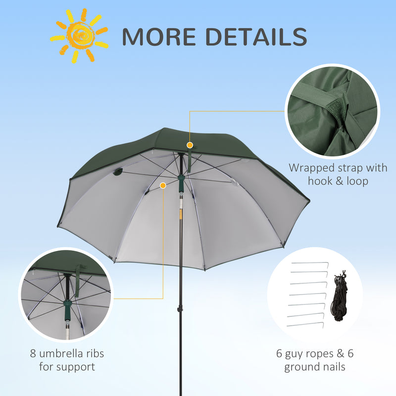 2m Beach Parasol Fishing Umbrella Brolly with Sides and Push Botton Tilt Sun Shade Shelter with Carry Bag, UV30+, Green