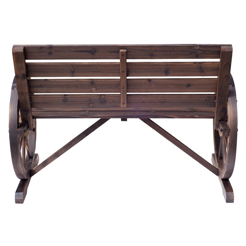 2 Seater Garden Bench with Wooden Cart Wagon Wheel Rustic High Back Brown