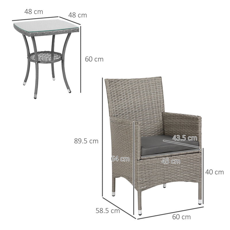 Three-Piece Rattan Bistro Set,with Cushions, Garden Furniture,Wicker Weave Conservatory Companion, Chair Table Set - Grey