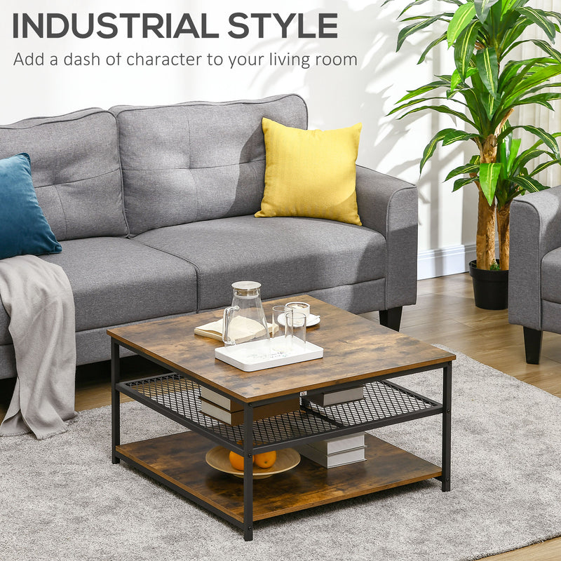 Industrial Coffee Table, Square Cocktail Table with 3-Tier Storage Shelves for Living Room, Rustic Brown