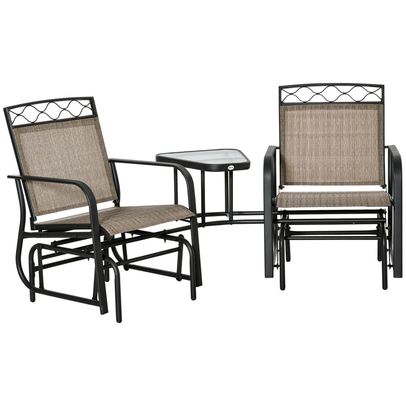Double Outdoor Glider Chair, 2 Seater Patio Rocking Chairs, Swing Bench w/ Tempered Glass Table, Mesh Fabric for Backyard, Garden, Brown
