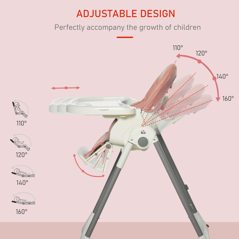 Foldable Baby High Chair Convertible to Toddler Chair Height Adjustable with Removable Tray 5-Point Harness Mobile with Wheels Pink