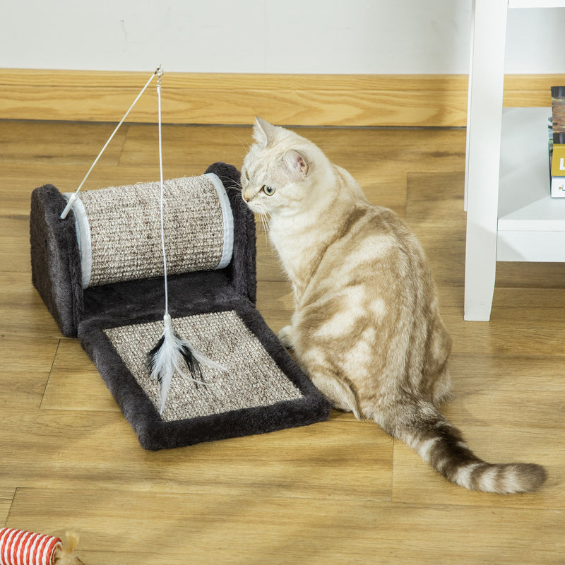 Cat Scratcher Sisal Scratching Pad Mat Board Kitten Toy with Roller Feather Teaser, 44 x 24 x 16 cm, Grey