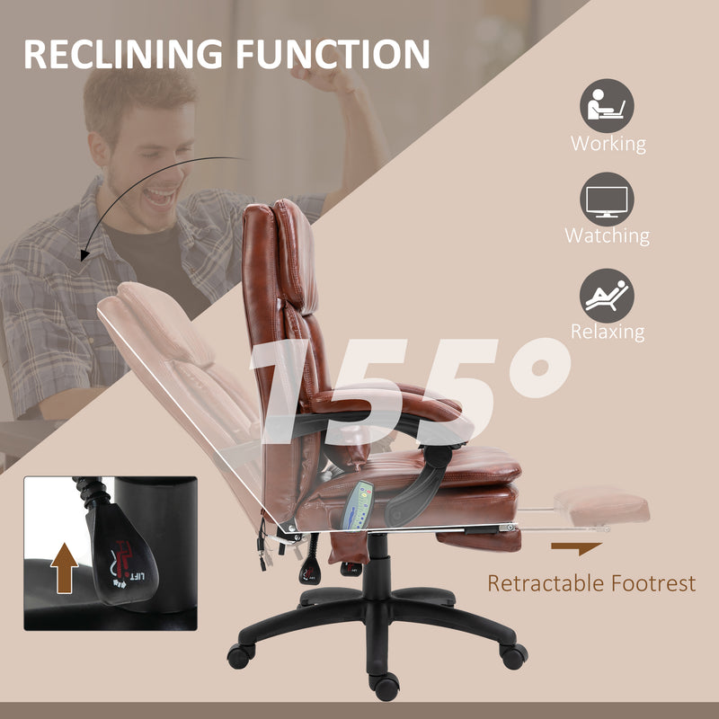 High Back Office Chair, Gaming Recliner Chair with Footrest, 7 Massage Points, Adjustable Height, Reclining Back, PU Leather, Brown