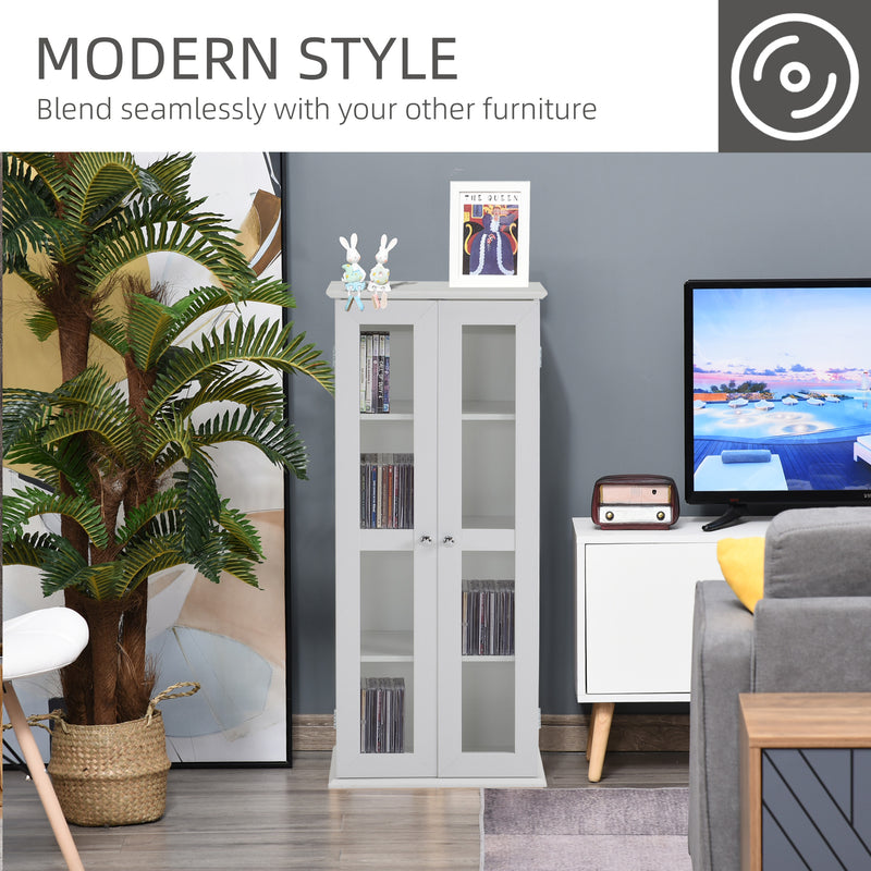 Media Cabinet - Holds up to 100 CDs, 4-Tier CD Storage Unit, Modern Bookcase with Magnetic Doors and Wide Base for Home, White