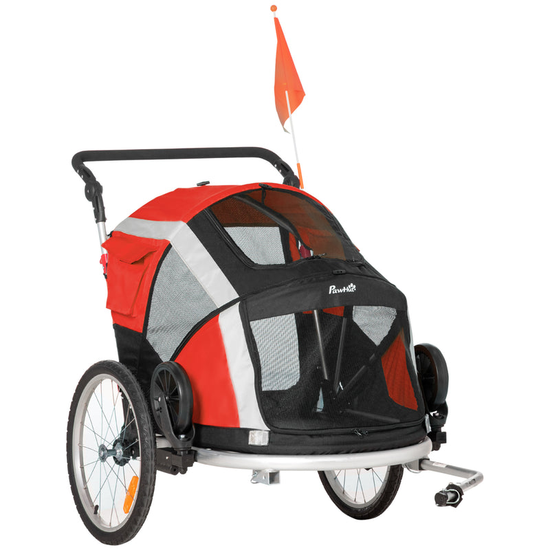 Dog Bike Trailer, Two-In-One Foldable Pet Bike Trailer w/ Safety Leash, Flag, for Small Cats, Puppies, Camping, Hiking - Red