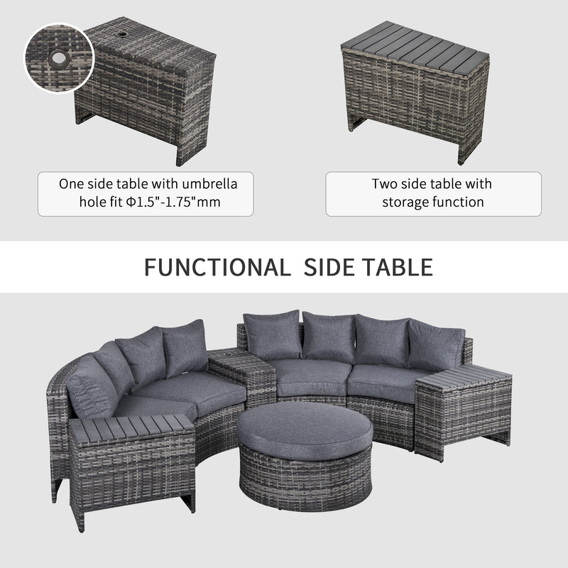 4-Seater Outdoor PE Rattan Wicker Sofa Set Half Round Conversation w/ 1 Umbrella Hole Side Table and 2 Storage Side Tables Grey