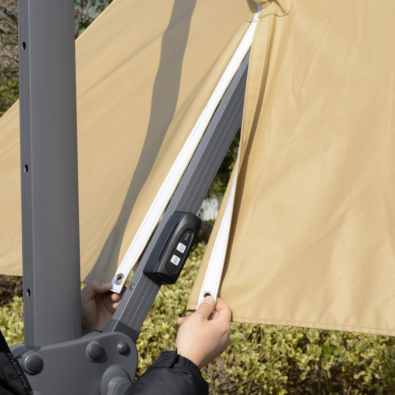3m Cantilever Roma Parasol Adjustable Garden Sun Umbrella with Solar LED, Tilt and Crank Handle, Cross Base for Lawn, Khaki
