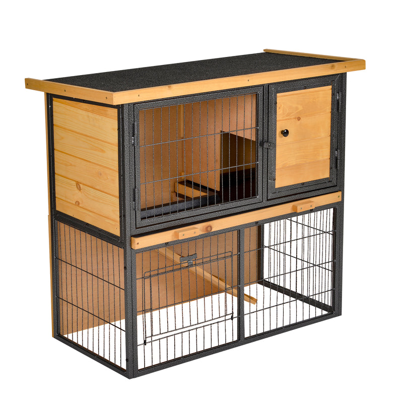 Wood-metal Rabbit Hutch Elevated Pet House Bunny Cage with Slide-Out Tray Asphalt Openable Roof Lockable Door Outdoor