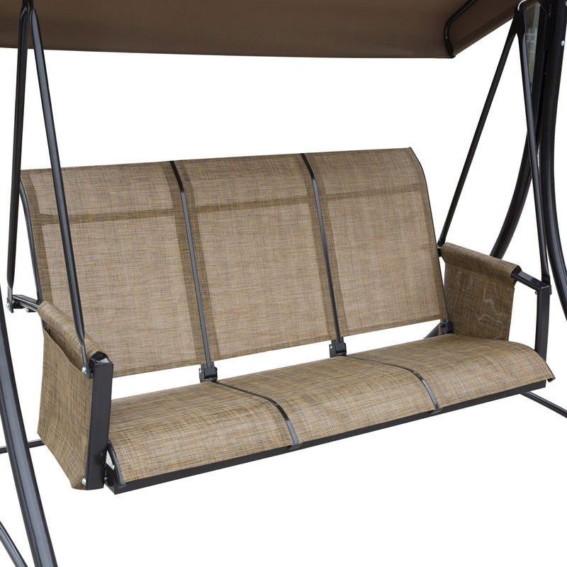 3 Person Outdoor Patio Porch Swing Chair with High Back Design, Side Pouches and Adjustable Canopy, Brown