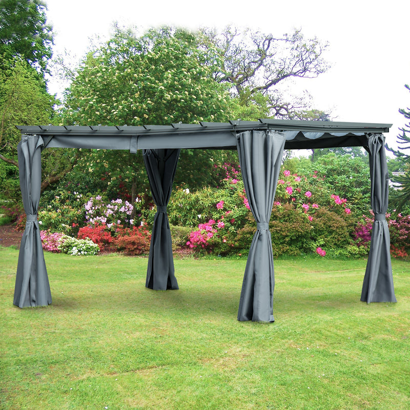 3.6 x 3(m) Outdoor Pergola Gazebo Retractable Canopy Garden Shelter Sun Shade Party with Curtains, Aluminum, Dark Grey