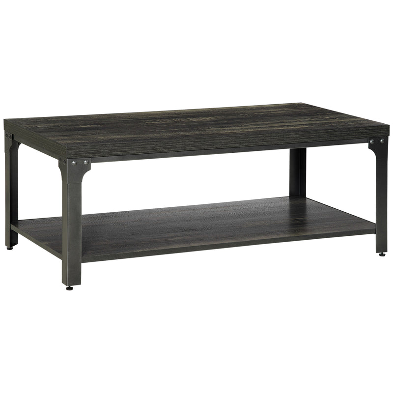 Rustic Coffee Table with Storage Shelf, Cocktail Table with Steel Frame and Thickened Top for Living Room, Dark Walnut