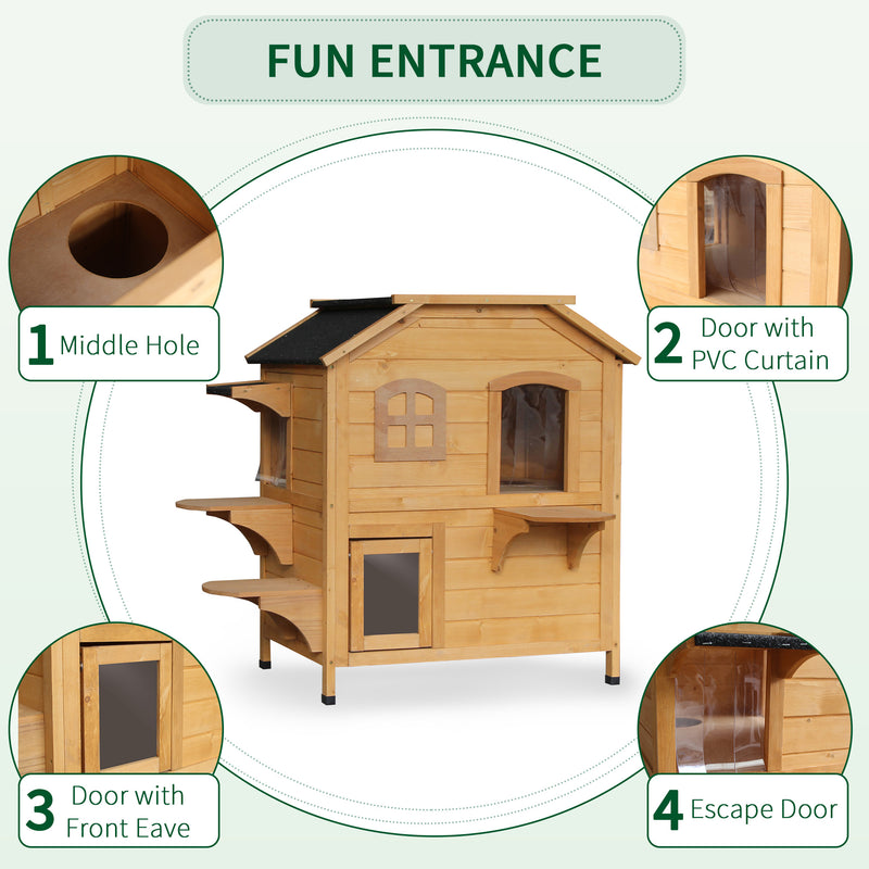 Wooden Cat House Condos Cat Cave Pet Shelter 2 Floor Villa Outdoor Furniture Natural Wood Finish