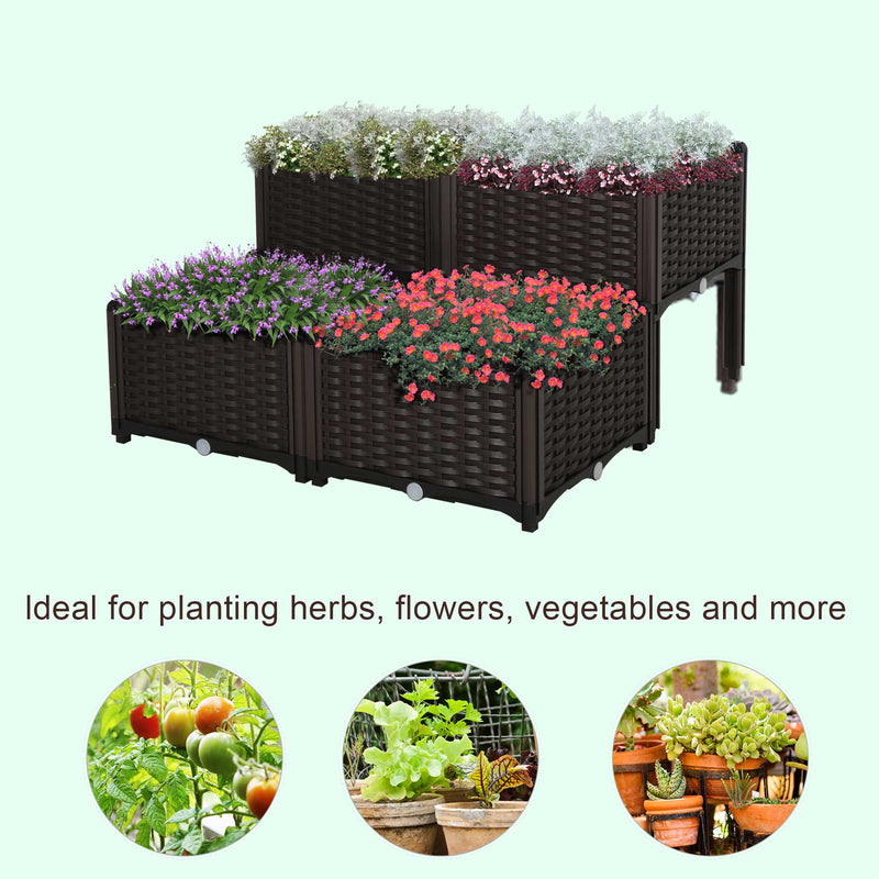 Set of 4 Garden Raised Bed Elevated Patio Flower Plant Planter Box PP Vegetables Planting Container, Brown