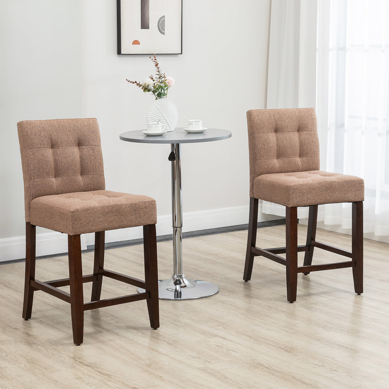 Modern Fabric Bar Stools Set of 2, Thick Padding Kitchen Stool, Bar Chairs with Tufted Back Wood Legs, Brown