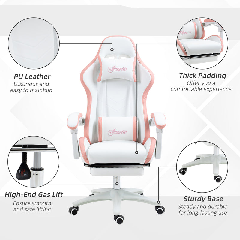Racing Gaming Chair, Reclining PU Leather Computer Chair with 360 Degree Swivel Seat, Footrest, Removable Headrest White and Pink