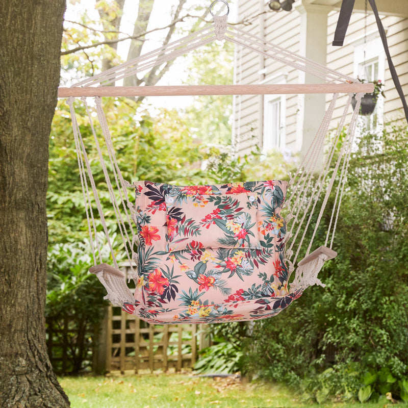 Garden Outdoor Hanging Hammock Chair Thick Rope Frame Wooden Arms Safe Wide Seat Garden Outdoor Spot Stylish Multicoloured floral