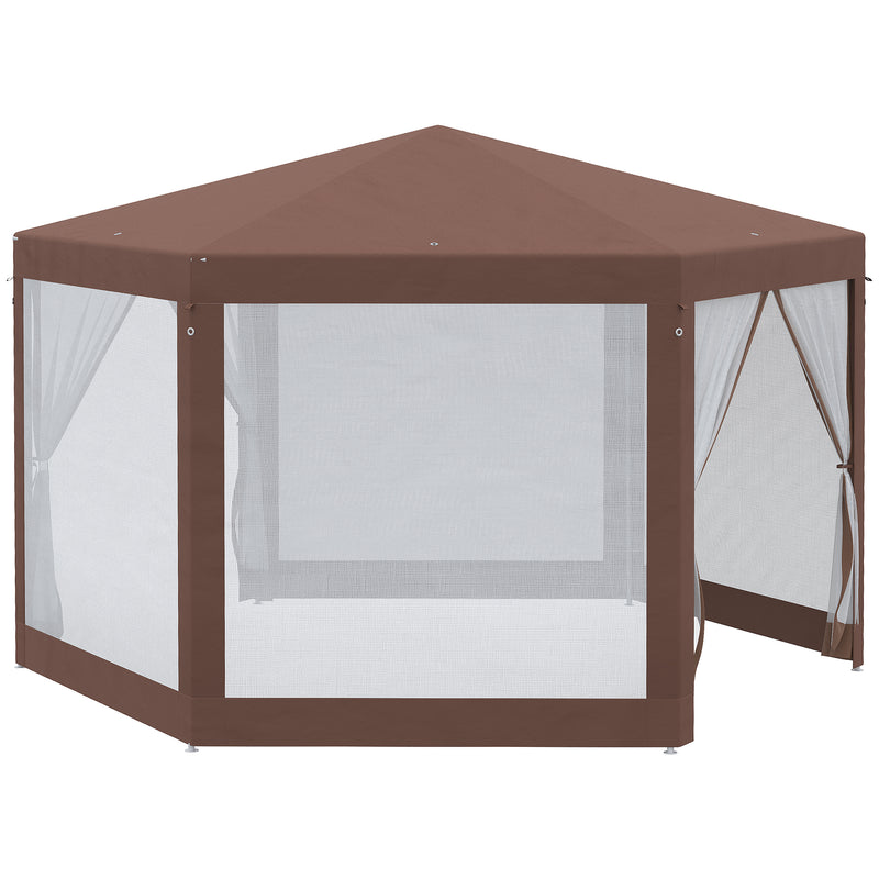 Hexagonal Garden Gazebo Patio Party Outdoor Canopy Tent Sun Shelter with Mosquito Netting and Zipped Door, Brown