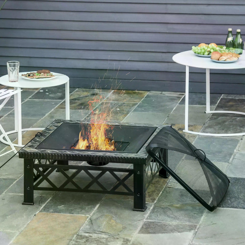 3 in 1 Square Fire Pit Square Table Metal Brazier for Garden, Patio with BBQ Grill Shelf, Spark Screen Cover, Grate, Poker, 76 x 76 x 47cm