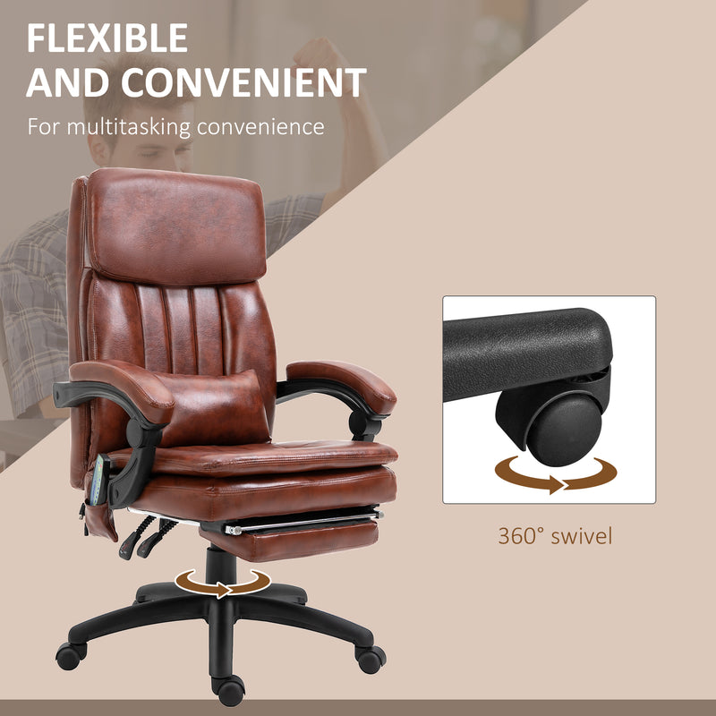 High Back Office Chair, Gaming Recliner Chair with Footrest, 7 Massage Points, Adjustable Height, Reclining Back, PU Leather, Brown