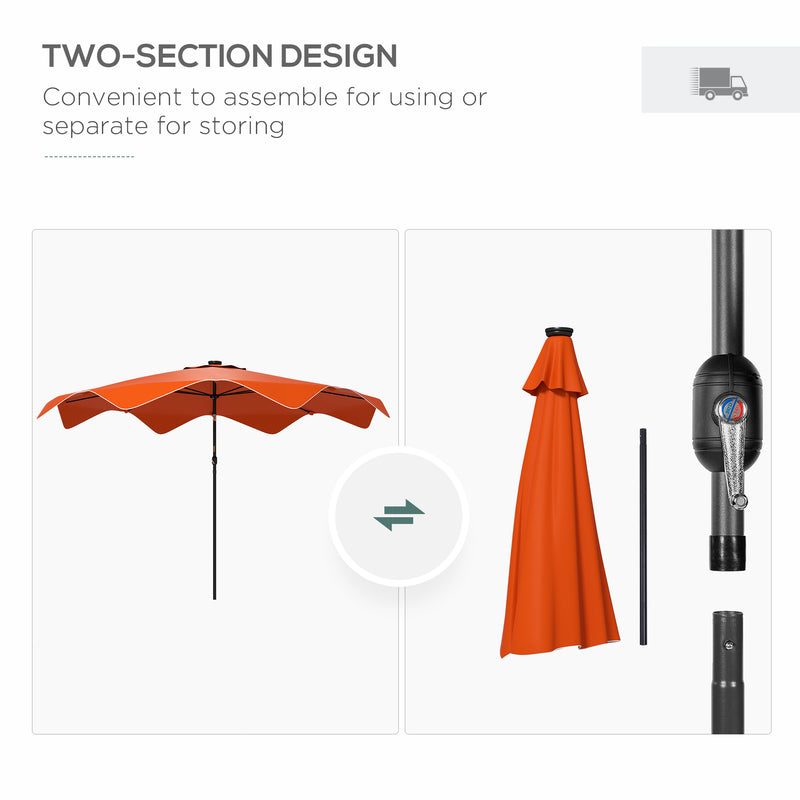Solar Patio Umbrella with LED and Tilt, Outdoor Market Table Umbrella Parasol with Crank, 3 x 3 (m), Orange