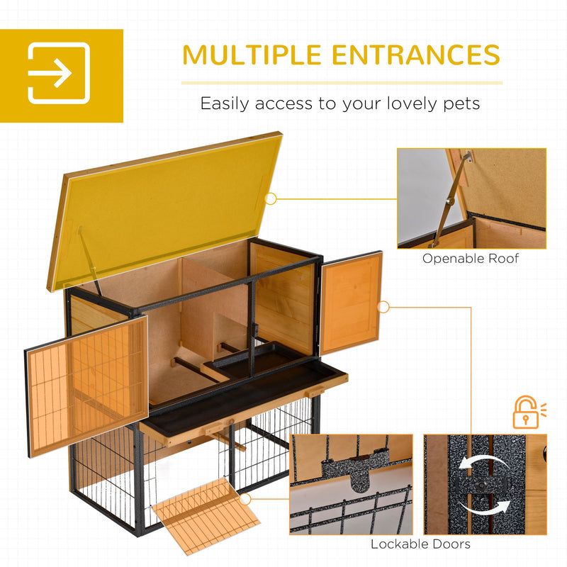 Wood-metal Rabbit Hutch Elevated Pet House Bunny Cage with Slide-Out Tray Asphalt Openable Roof Lockable Door Outdoor