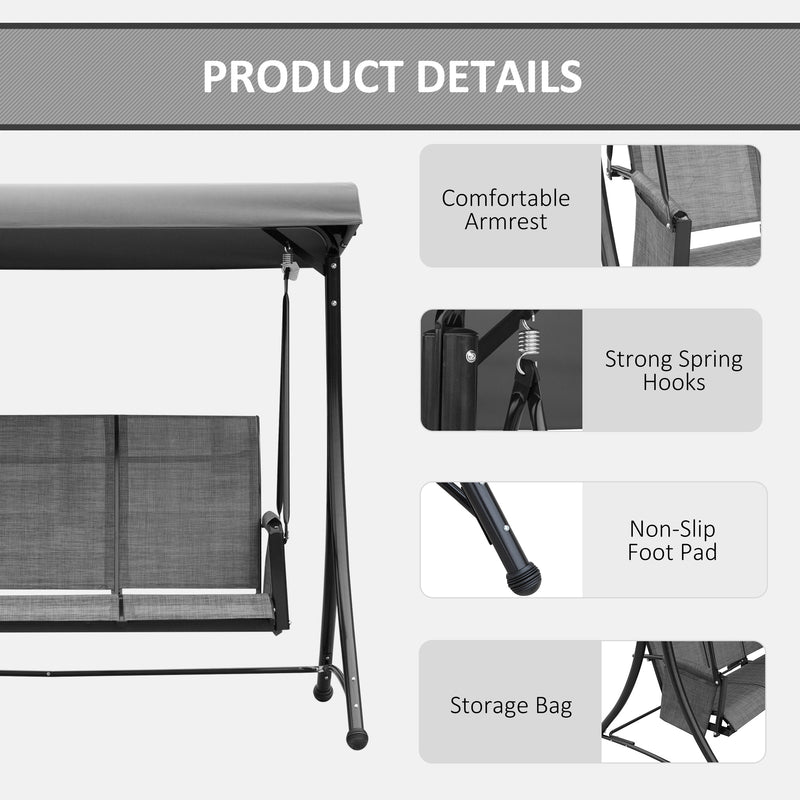 3 Person Outdoor Patio Porch Swing Chair with High Back Design, Side Pouches and Adjustable Canopy, Charcoal Grey