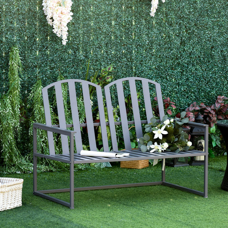 Garden Bench Loveseat 2 Seat Chair for Outdoor Park, Yard, Steel Frame, Decorative Slatted Design, Grey