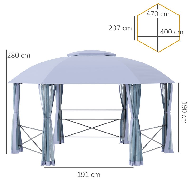 4 x 4.7(m) Patio Metal Gazebo Canopy, Hexagon Shape Garden Tent Sun Shade, Outdoor Shelter with 2 Tier Roof, Netting, Steel Frame, Grey