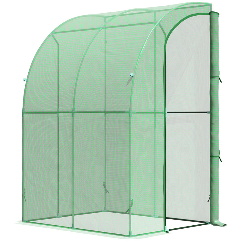 Walk-In Greenhouse Lean to Wall Tunnel Greenhouse with Zippered Roll Up Door PE Cover and Steel Frame for Garden, 143 x 118 x 212 cm