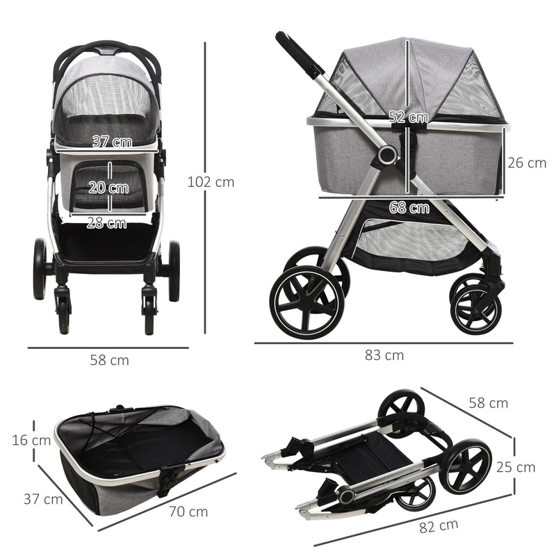 3-In-1 One Click Foldable Pet Stroller Detachable Dog Cat Travel Pushchair Car Seat with EVA Wheels Basket Safety Leash Cushion Light Grey