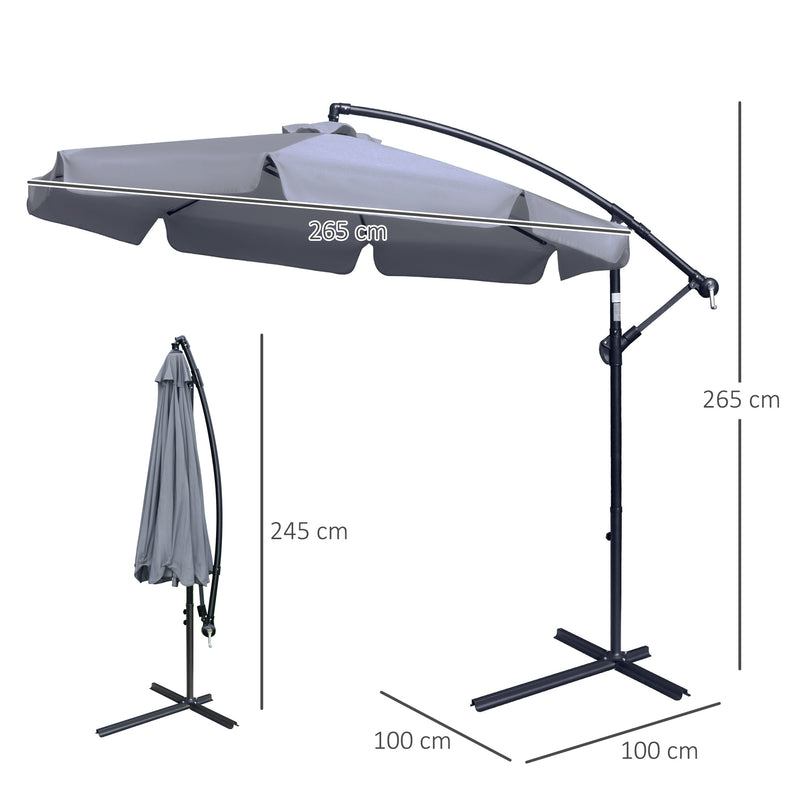 2.7m Banana Parasol Cantilever Umbrella with Crank Handle and Cross Base for Outdoor, Hanging Sun Shade, Dark Grey