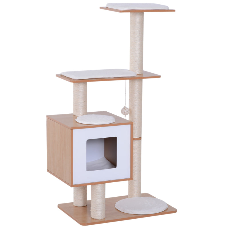 Cat Tree Wooden Cat Scratching Post for Indoor Cats Kitten House Condo Activity Center w/ Cushion Hanging Toy Multi-level