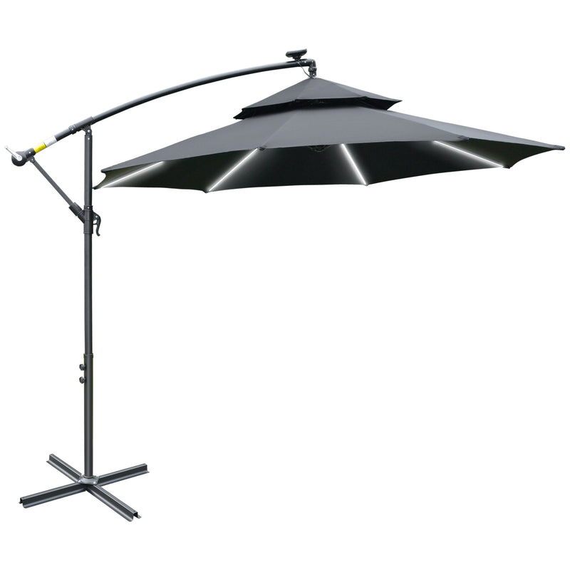 3(m) Cantilever Banana Parasol Hanging Umbrella with Double Roof, LED Solar lights, Crank, 8 Sturdy Ribs and Cross Base, Black