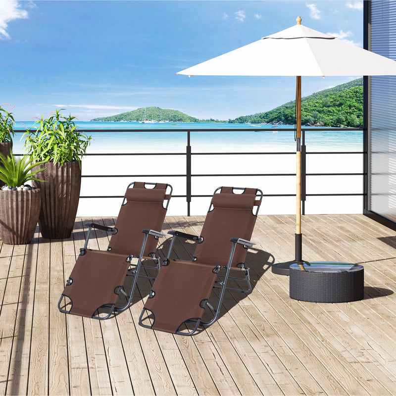 2 Pieces Foldable Sun Loungers with Adjustable Back, Outdoor Reclining Garden Chairs with Pillow and Armrests, Brown