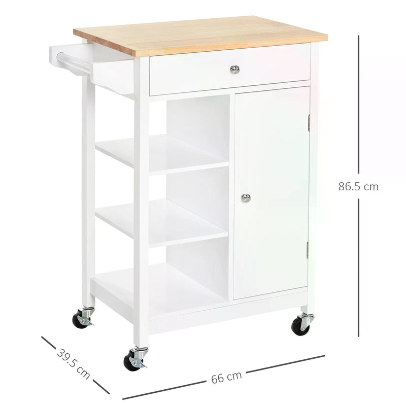 Kitchen Storage Trolley Unit w/ Wood Top 3 Shelves Cupboard Drawer Rail 4 Wheels Handles Moving Shelf Handy Spacesaver White