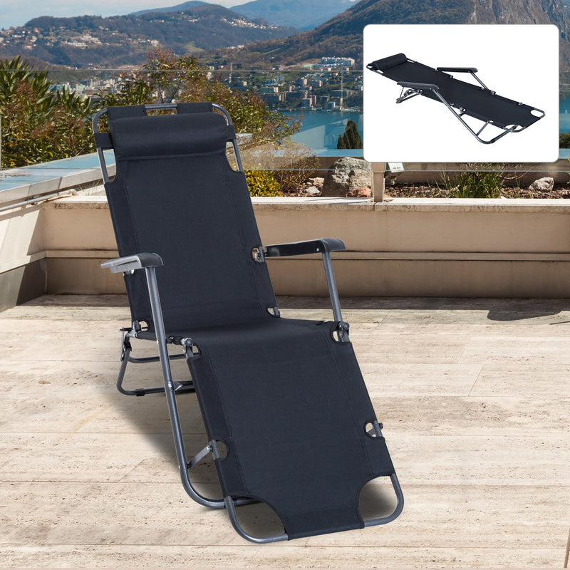 2 in 1 Sun Lounger Folding Reclining Chair Garden Outdoor Camping Adjustable Back with Pillow (Black)