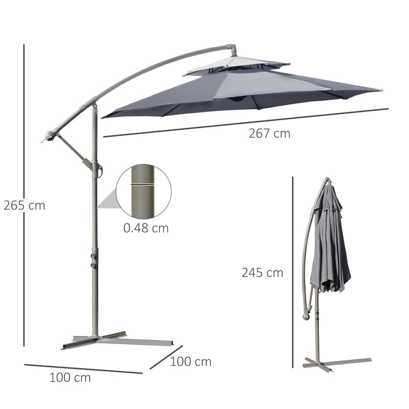 2.7m Garden Banana Parasol Cantilever Umbrella with Crank Handle, Double Tier Canopy and Cross Base for Outdoor, Hanging Sun Shade, Dark Grey