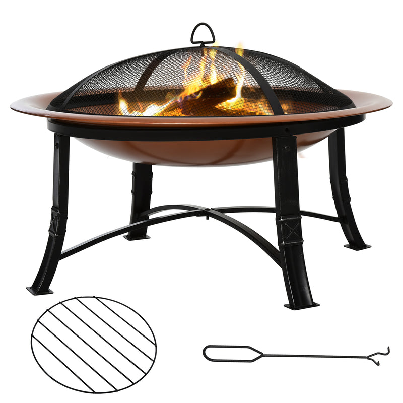 Metal Large Firepit Bowl Outdoor Round Fire Pit w/ Lid, Log Grate, Poker for Backyard, Camping, Picnic, Bonfire, 76 x 76 x 49.5cm, Bronze