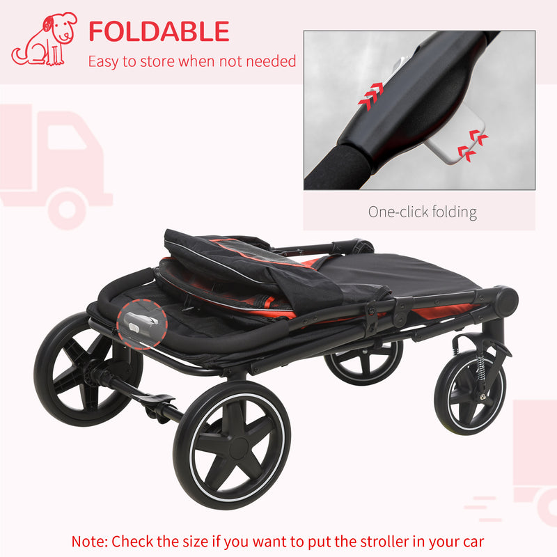 One-Click Foldable Pet Travel Stroller with Rain Cover, Cat Dog Pushchair with Front Wheels, Shock Absorber, Storage Bags, Mesh